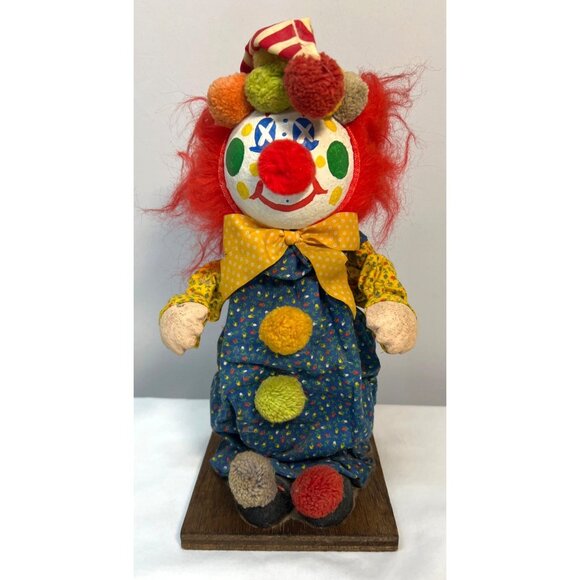 Vintage Paper Mache Face 11” Boy Clown With Red Hair Pom Pom On Wood Stand - Picture 1 of 5